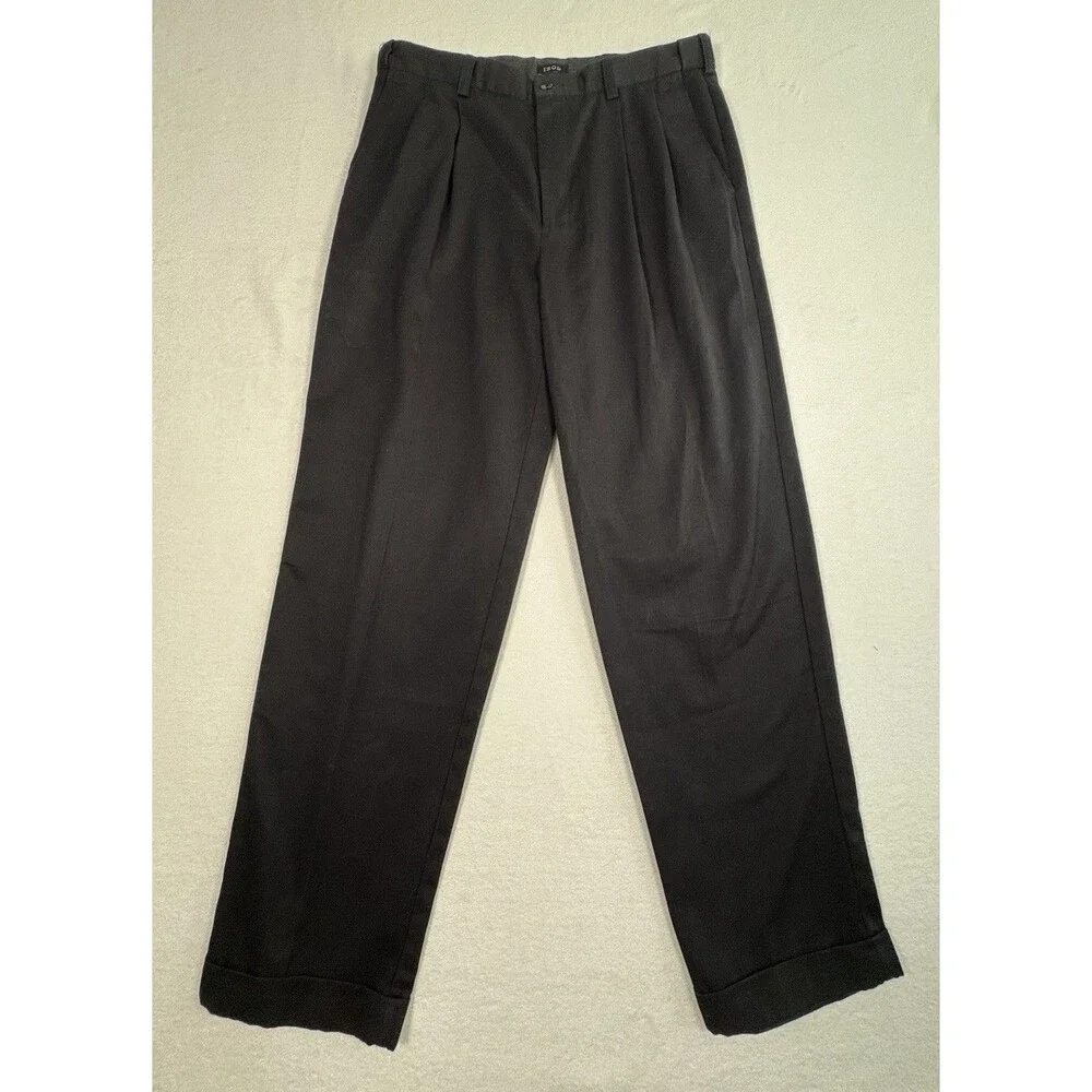 IZOD American Chino Men’s Black Double Pleated Dress Pants 36x34 Cuffed Classic